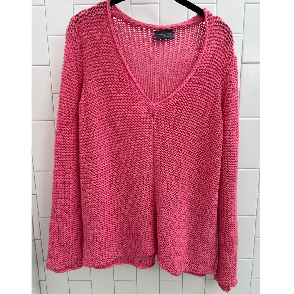 Wooden Ships Paola Buendia Pink Coral V-Neck Open Knit Sweater Womens ML